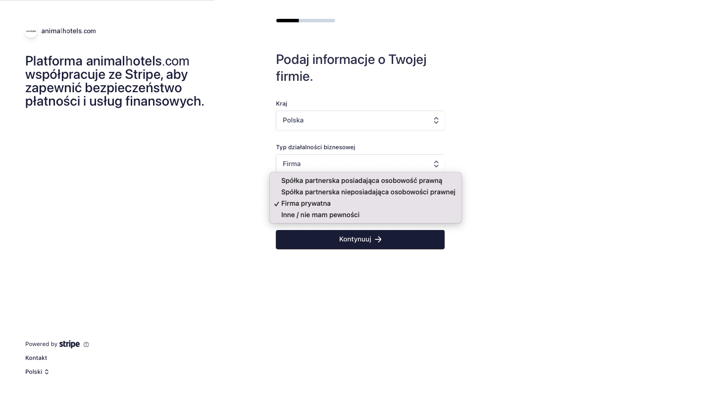 Panel rejestracyjny Stripe - etap podawania informacji o firmie