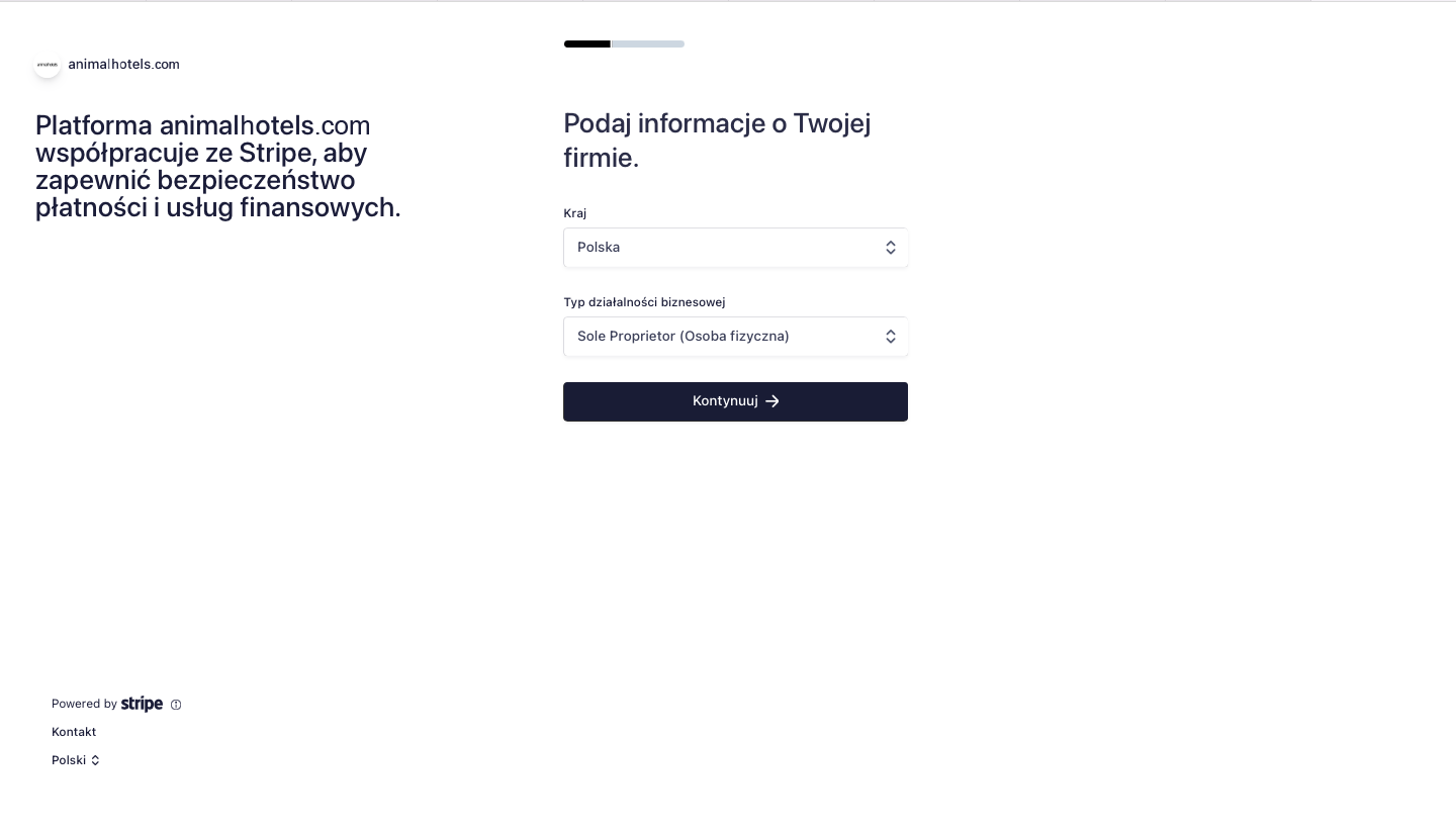 Panel rejestracyjny Stripe - uzupełnienie informacji o działalności