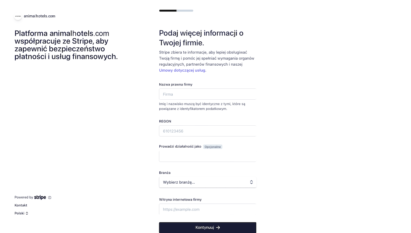 Panel rejestracyjny Stripe - podawanie więcej informacji o firmie
