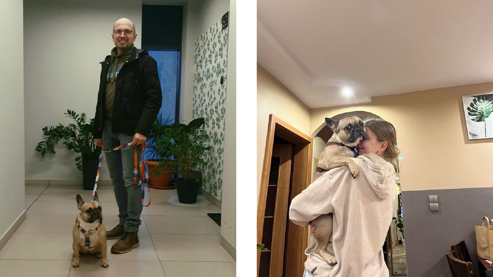 Uśmiechnięty Pan Arkadiusz z psem na smyczy i opiekunka Natalia przytulająca psa.