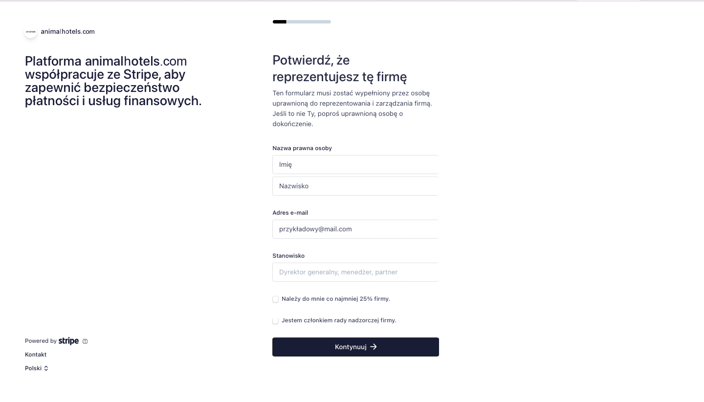 Stripe registration panel - representative of the company