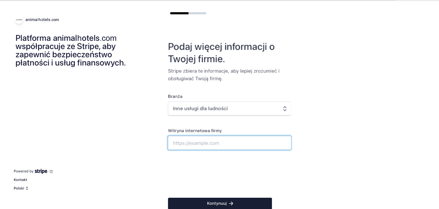 Panel rejestracyjny Stripe - wybór branży