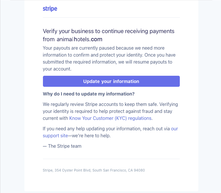 Template of an e-mail message informing about verification