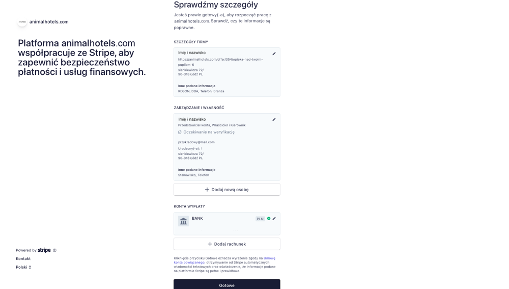 Stripe registration panel - checking details