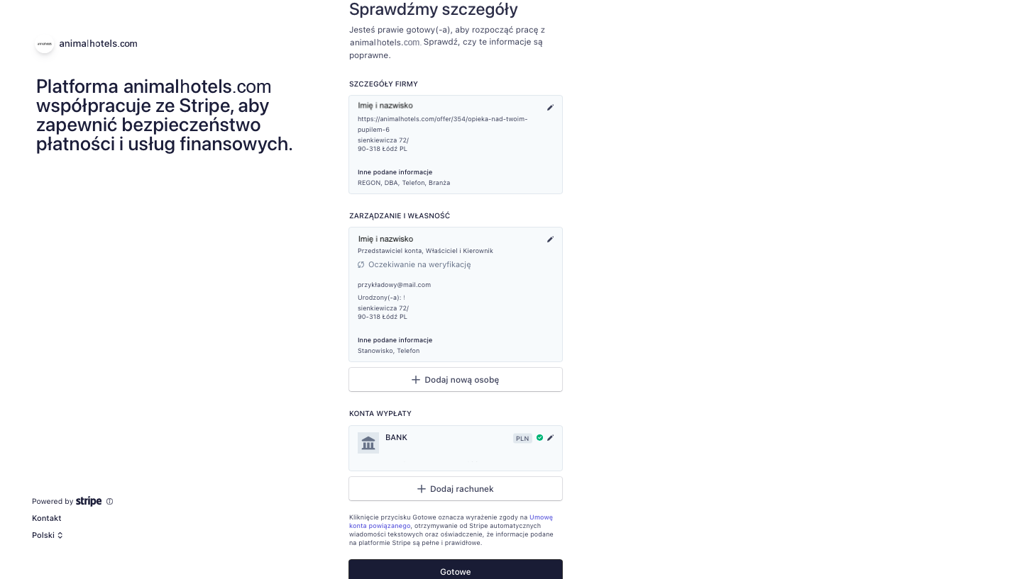 Stripe registration panel - checking details