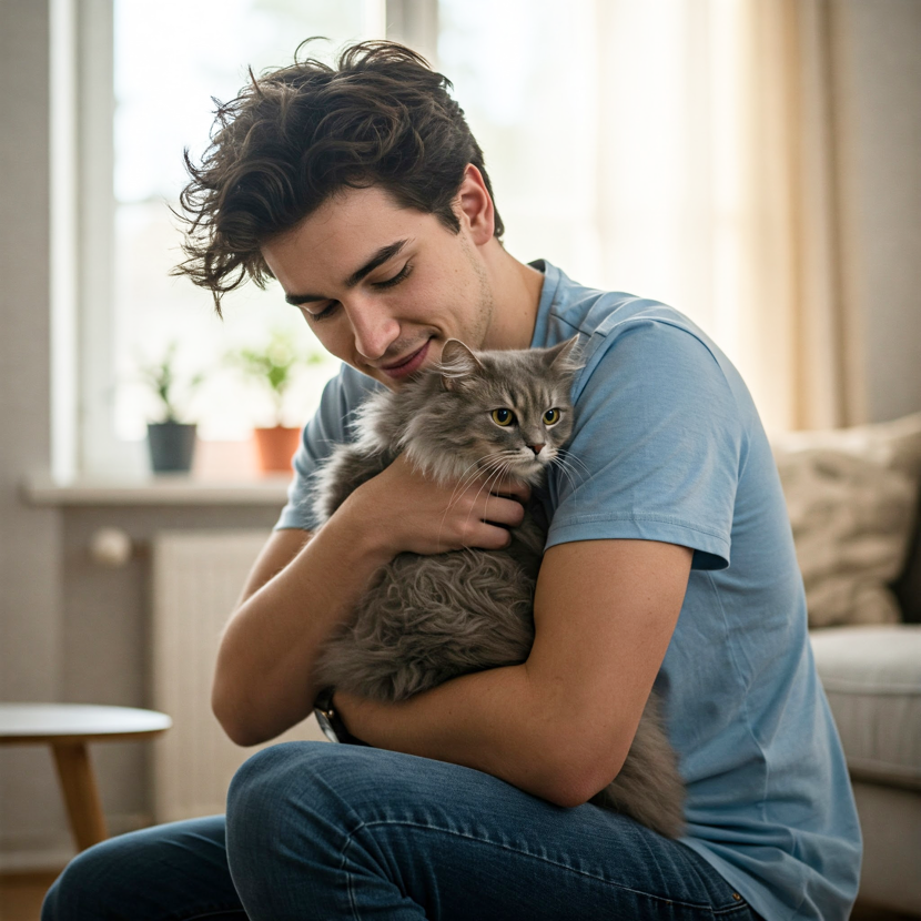 Man with gray cat