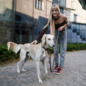 A woman walking a dog