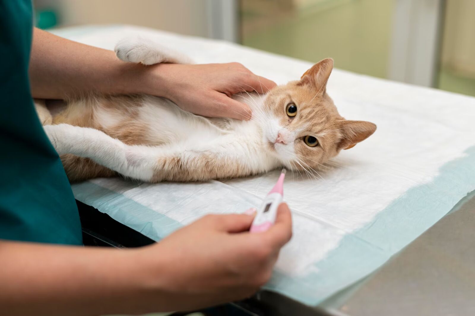 A cat held by a veterinarian lying on a table and the veterinarian holding a thermometer in their hand.