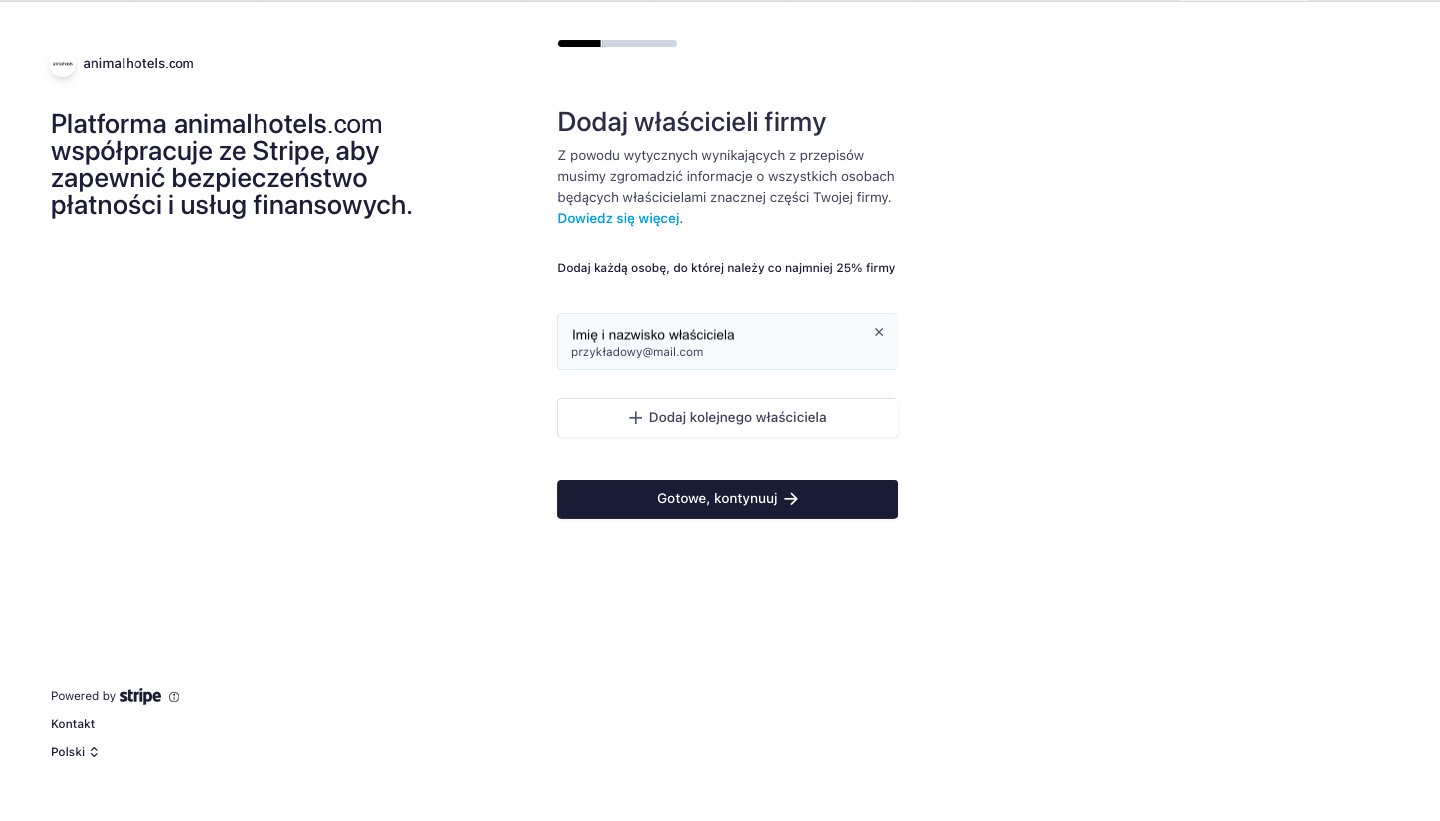 Panel rejestracyjny Stripe - informacja kto jest właścicielem firmy