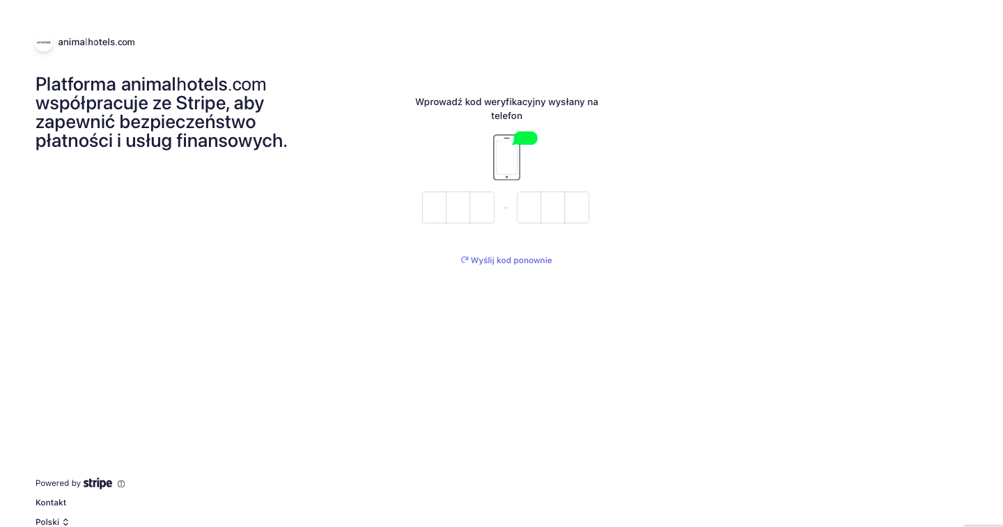 Panel rejestracyjny Stripe - wpisanie kodu weryfikacyjnego sms