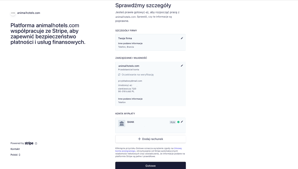Panel rejestracyjny Stripe - sprawdzenie szczegółów