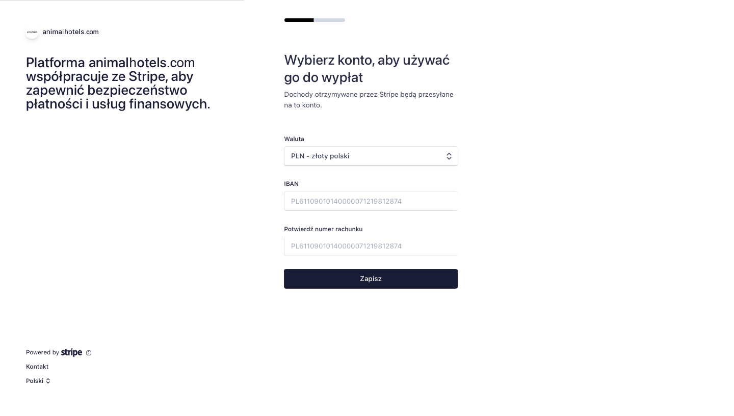 Panel rejestracyjny Stripe - uzupełnienie informacji o koncie bankowym